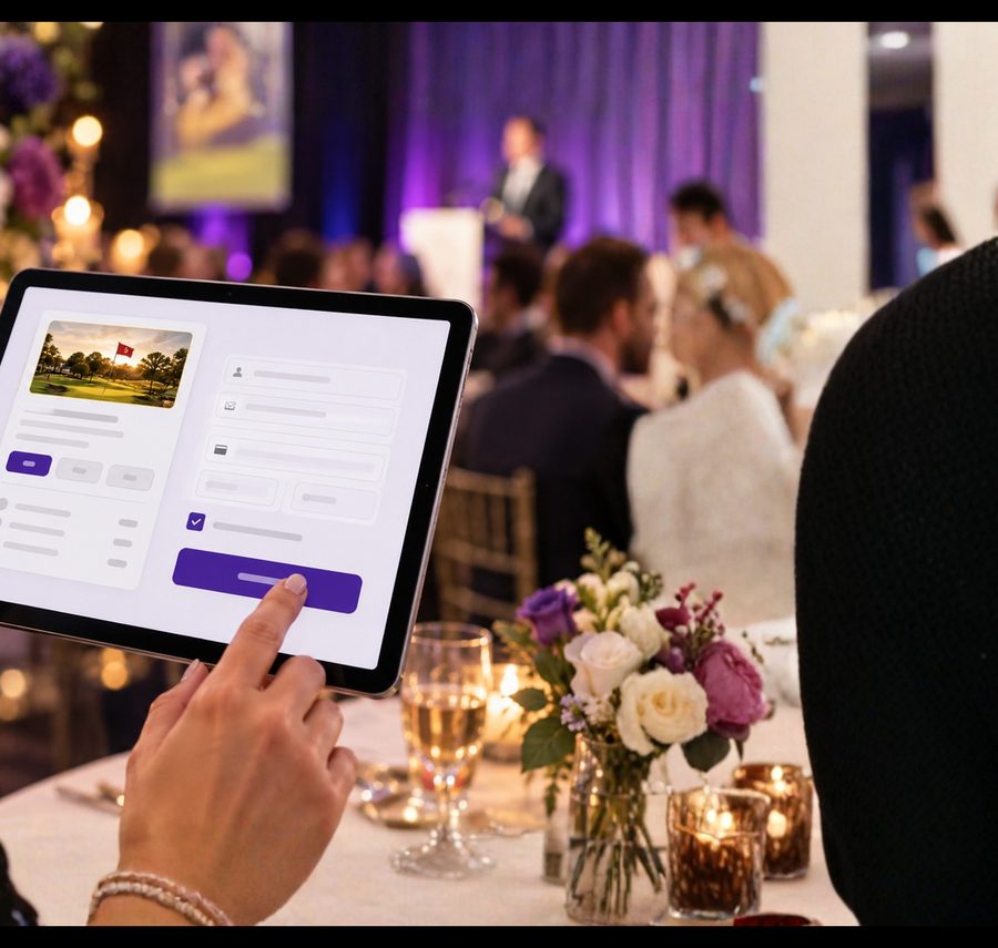 A guest setting up a fundraiser on a tablet at an event table