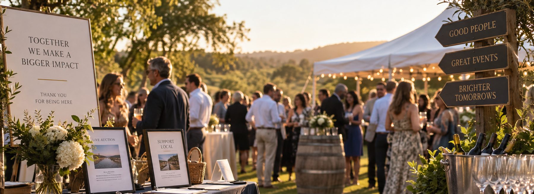 Guests arriving at an outdoor community fundraiser at golden hour