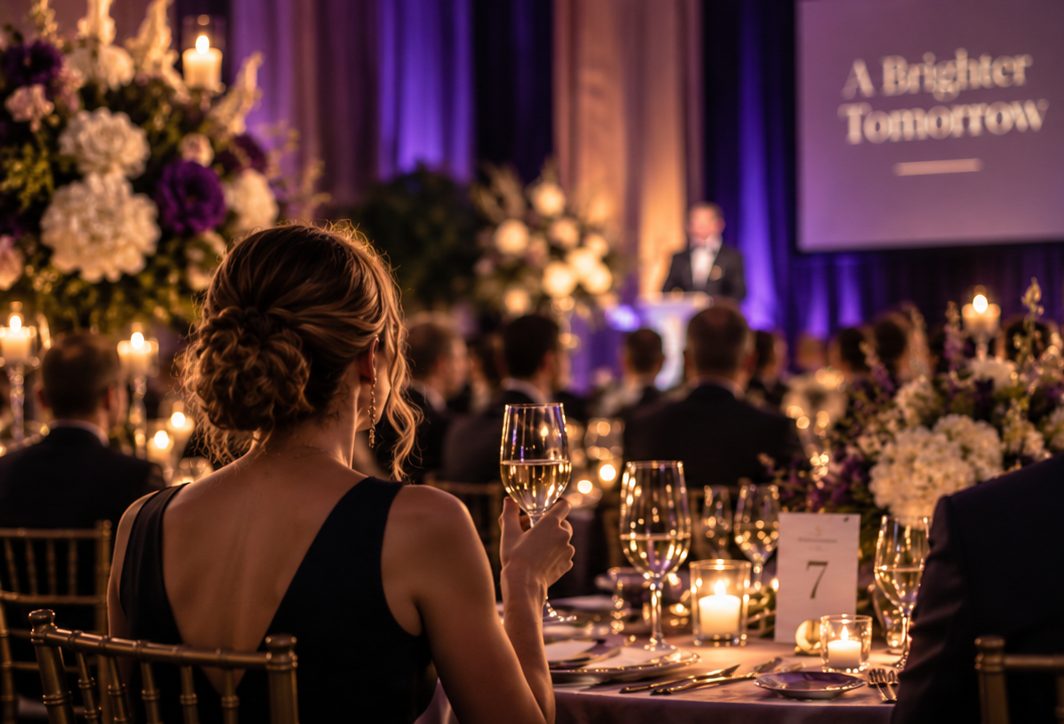 A guest listening to remarks at a candlelit fundraising dinner